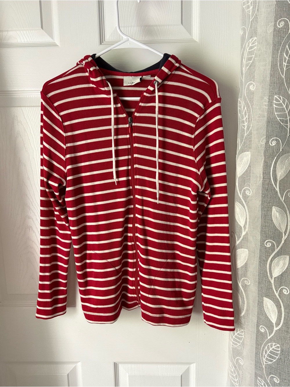 L.L.Bean Womens Hoodie Sweater Red White Striped Drawstring zip up Cotton size S